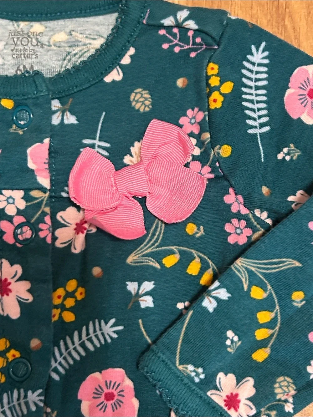 Carter's Teal Floral Footie One-Piece with Pink Accents